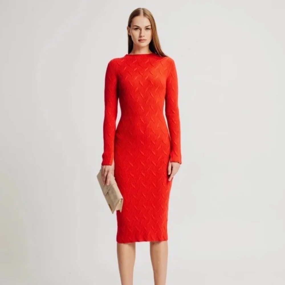 NWT Torn by Ronny Kobo GRACE Cable Knit Long Sleeve Dress Scarlet Red XS